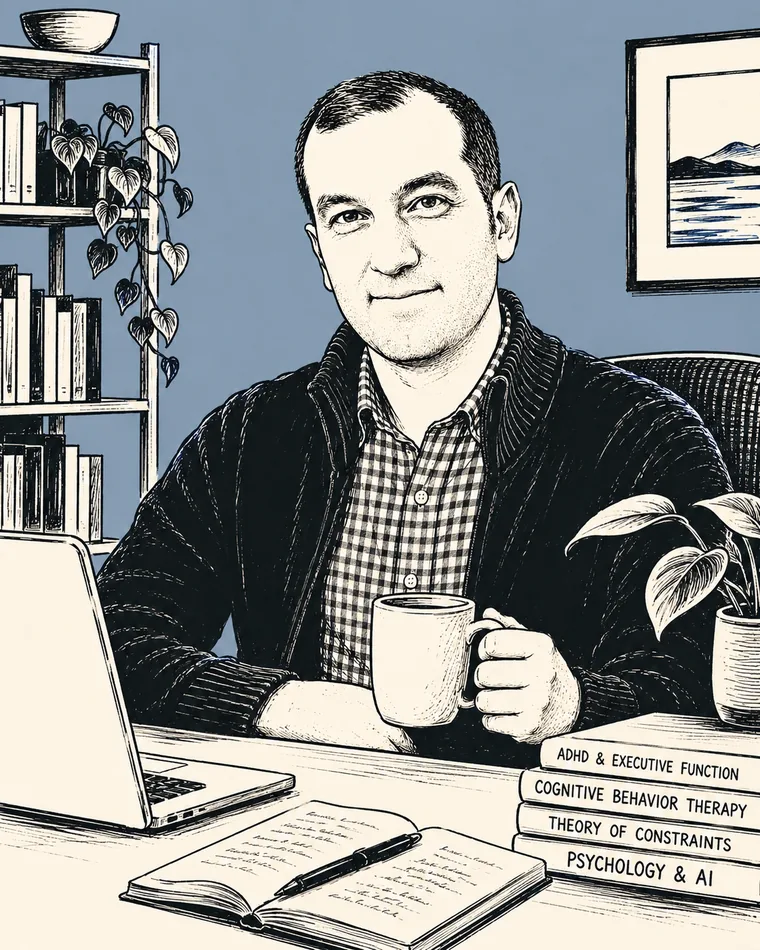 Ink illustration of David Altabef at his desk with a mug of coffee, a laptop, an open notebook, and a stack of books on ADHD, CBT, Theory of Constraints, and psychology & AI.
