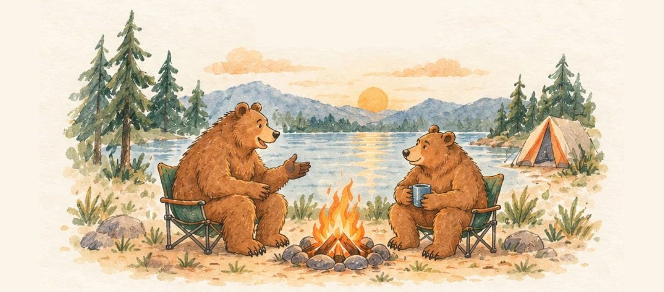 Watercolor illustration of two bears talking in camp chairs beside a campfire at a lake at sunset