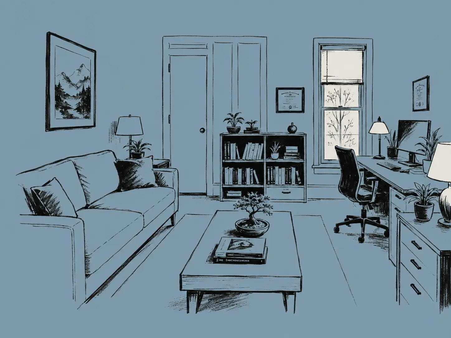 Ink illustration of a calm therapy office — a couch with pillows, a coffee table with a bonsai, bookshelves, and a desk by a window.